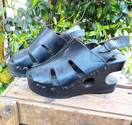 RARE Vintage 90s Gaster Architectural Platform Clogs – Carved Wood Cutout Wedge shoes