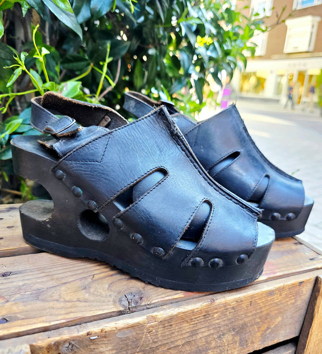 RARE Vintage 90s Gaster Architectural Platform Clogs – Carved Wood Cutout Wedge shoes
