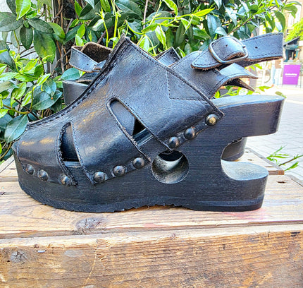 RARE Vintage 90s Gaster Architectural Platform Clogs – Carved Wood Cutout Wedge shoes