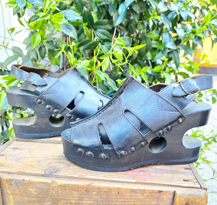 RARE Vintage 90s Gaster Architectural Platform Clogs – Carved Wood Cutout Wedge shoes