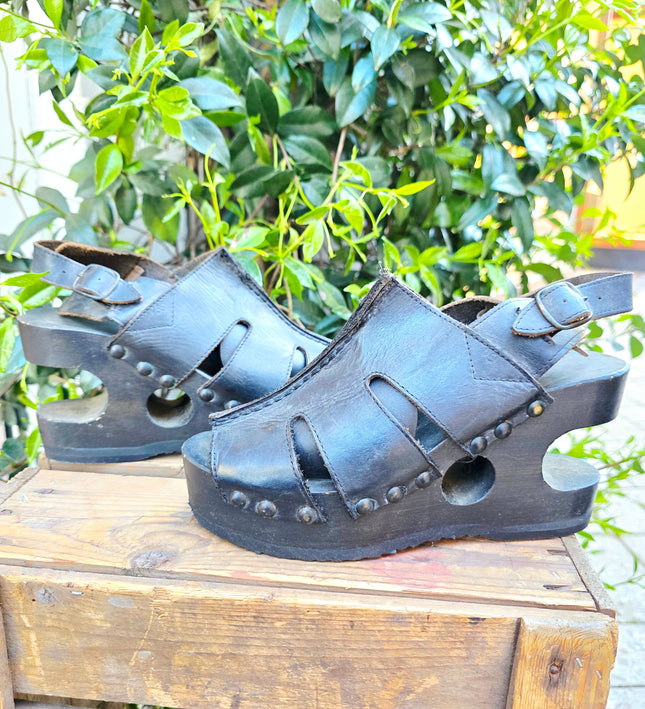 RARE Vintage 90s Gaster Architectural Platform Clogs – Carved Wood Cutout Wedge shoes