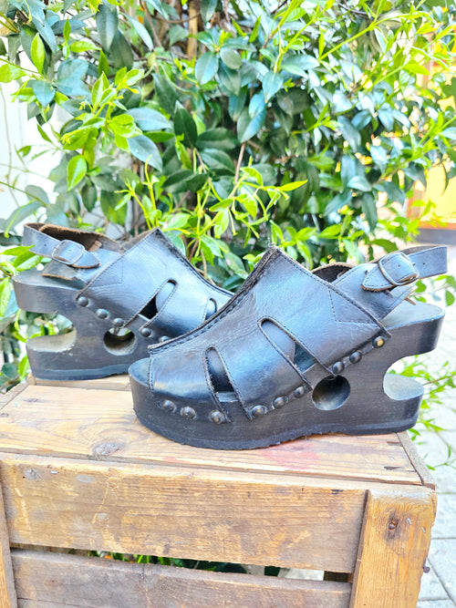 RARE Vintage 90s Gaster Architectural Platform Clogs – Carved Wood Cutout Wedge shoes