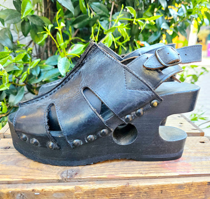 RARE Vintage 90s Gaster Architectural Platform Clogs – Carved Wood Cutout Wedge shoes
