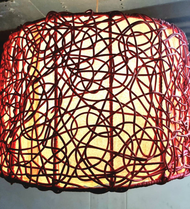 Red Woven String Lampshade | Boho Drum Pendant Light Cover - Yatva