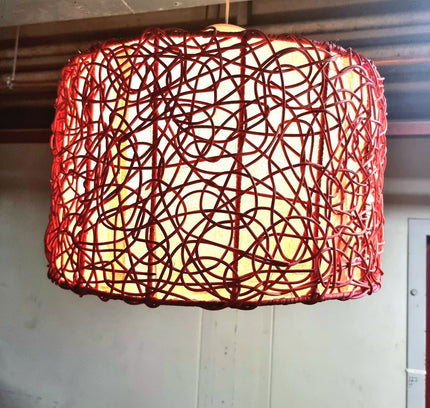 Red Woven String Lampshade | Boho Drum Pendant Light Cover - Yatva
