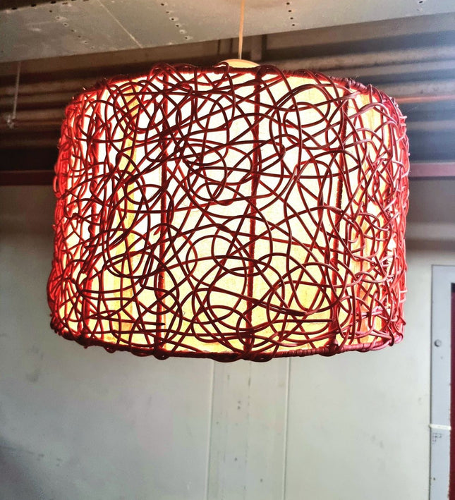Red Woven String Lampshade | Boho Drum Pendant Light Cover - Yatva