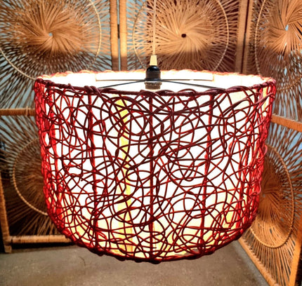 Red Woven String Lampshade | Boho Drum Pendant Light Cover - Yatva