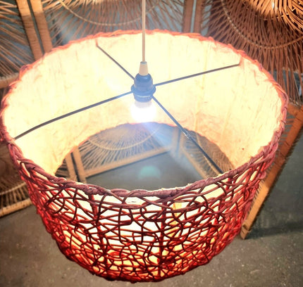 Red Woven String Lampshade | Boho Drum Pendant Light Cover - Yatva