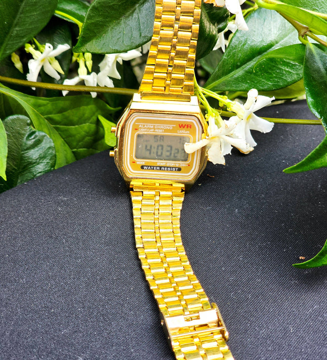 Retro Gold Digital Watch – Classic Vintage Stainless Steel Chronograph Wristwatch - Yatva