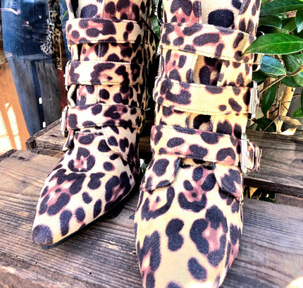 Retro Leopard Print Pointed Toe High Heel Cowboy Boots - Yatva