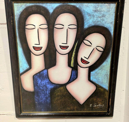 Three sisters Abstract Cubist Modernist Oil Painting - Signed Framed - Yatva