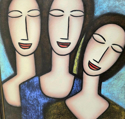 Three sisters Abstract Cubist Modernist Oil Painting - Signed Framed - Yatva