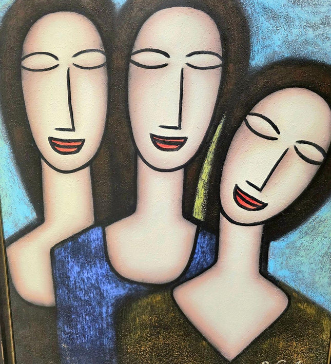 Three sisters Abstract Cubist Modernist Oil Painting - Signed Framed - Yatva