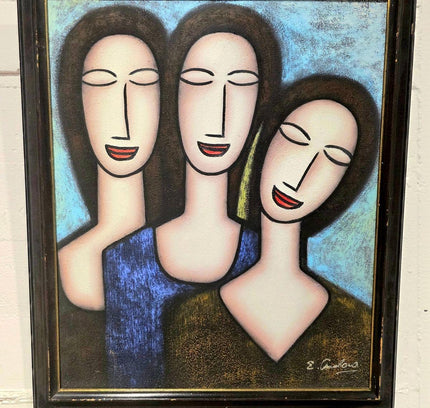 Three sisters Abstract Cubist Modernist Oil Painting - Signed Framed - Yatva