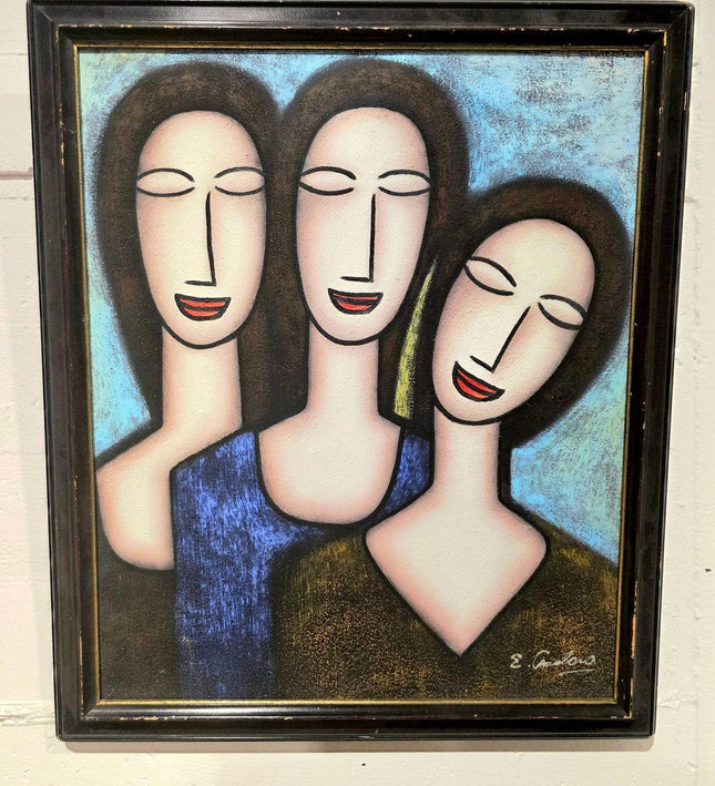 Three sisters Abstract Cubist Modernist Oil Painting - Signed Framed - Yatva