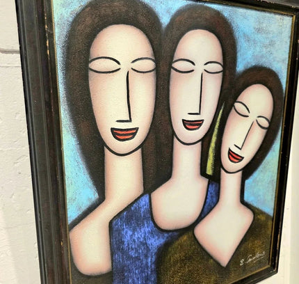 Three sisters Abstract Cubist Modernist Oil Painting - Signed Framed - Yatva