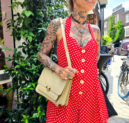 True 1950s Handmade Red Polka Dot Halter Playsuit – Rare True Vintage Mid-Century Romper (No Label) - Yatva