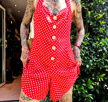 True 1950s Handmade Red Polka Dot Halter Playsuit – Rare True Vintage Mid-Century Romper (No Label) - Yatva