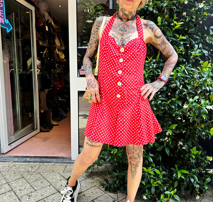 True 1950s Handmade Red Polka Dot Halter Playsuit – Rare True Vintage Mid-Century Romper (No Label) - Yatva