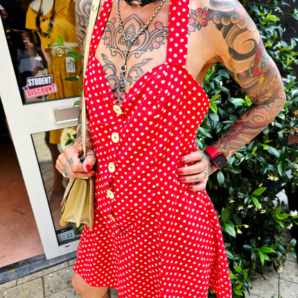 True 1950s Handmade Red Polka Dot Halter Playsuit – Rare True Vintage Mid-Century Romper (No Label) - Yatva