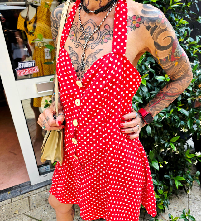 True 1950s Handmade Red Polka Dot Halter Playsuit – Rare True Vintage Mid-Century Romper (No Label) - Yatva