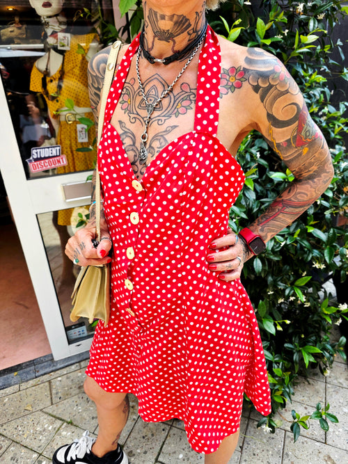 True 1950s Handmade Red Polka Dot Halter Playsuit – Rare True Vintage Mid-Century Romper (No Label)