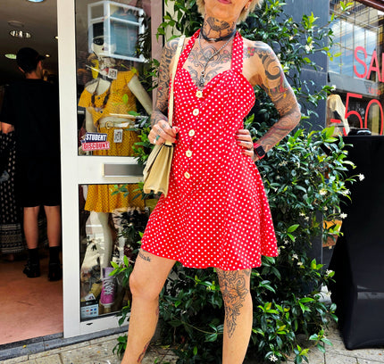 True 1950s Handmade Red Polka Dot Halter Playsuit – Rare True Vintage Mid-Century Romper (No Label) - Yatva