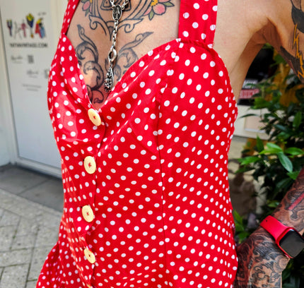 True 1950s Handmade Red Polka Dot Halter Playsuit – Rare True Vintage Mid-Century Romper (No Label) - Yatva