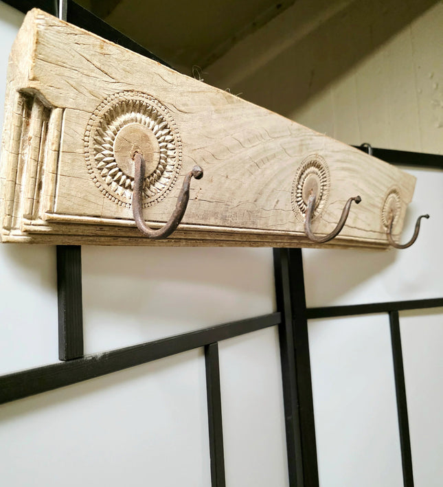 Unique Wooden Wall Coat Rack with wrought iron hooks - Yatva