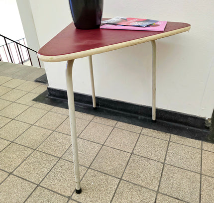 Vintage 1950s Mid - Century Triangular Side Table – Burgundy & Steel - Yatva