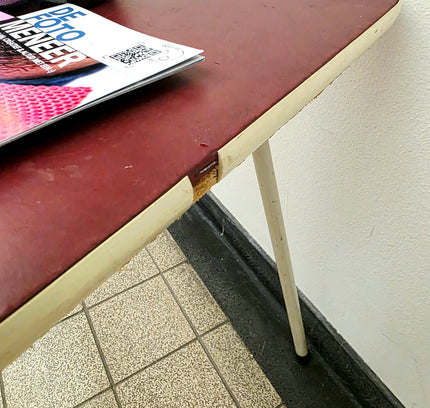 Vintage 1950s Mid - Century Triangular Side Table – Burgundy & Steel - Yatva