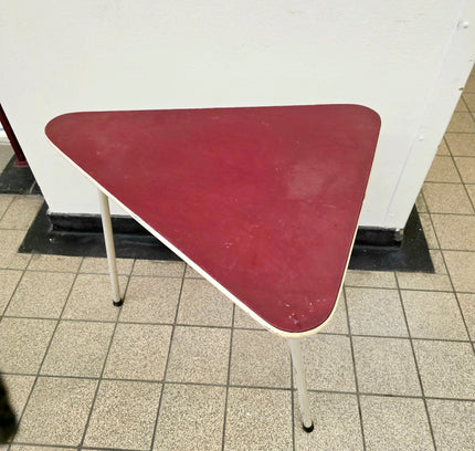 Vintage 1950s Mid - Century Triangular Side Table – Burgundy & Steel - Yatva