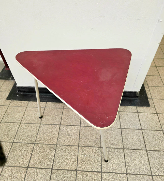 Vintage 1950s Mid - Century Triangular Side Table – Burgundy & Steel - Yatva