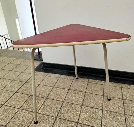 Vintage 1950s Mid - Century Triangular Side Table – Burgundy & Steel - Yatva