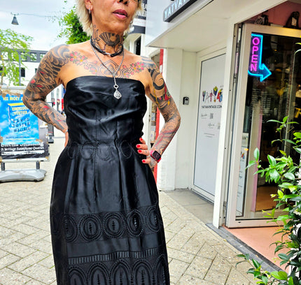 Vintage 1950s Strapless Soutache Cocktail Dress – Black Laser-Cut Midi - Yatva