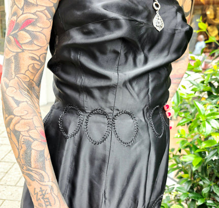 Vintage 1950s Strapless Soutache Cocktail Dress – Black Laser-Cut Midi - Yatva