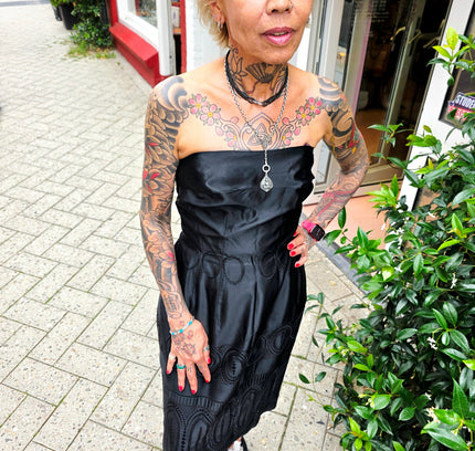Vintage 1950s Strapless Soutache Cocktail Dress – Black Laser-Cut Midi - Yatva