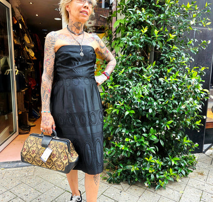 Vintage 1950s Strapless Soutache Cocktail Dress – Black Laser-Cut Midi - Yatva