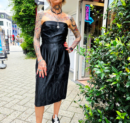 Vintage 1950s Strapless Soutache Cocktail Dress – Black Laser-Cut Midi - Yatva