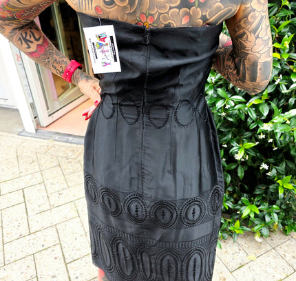 Vintage 1950s Strapless Soutache Cocktail Dress – Black Laser-Cut Midi - Yatva
