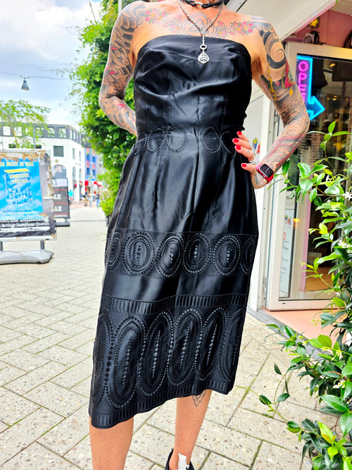Vintage 1950s Strapless Soutache Cocktail Dress – Black Laser-Cut Midi