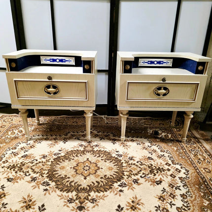 Vintage 1960s Mid-Century French KUOM Nightstand – Lighted Drop-Front Cabinet (Set ) - Yatva