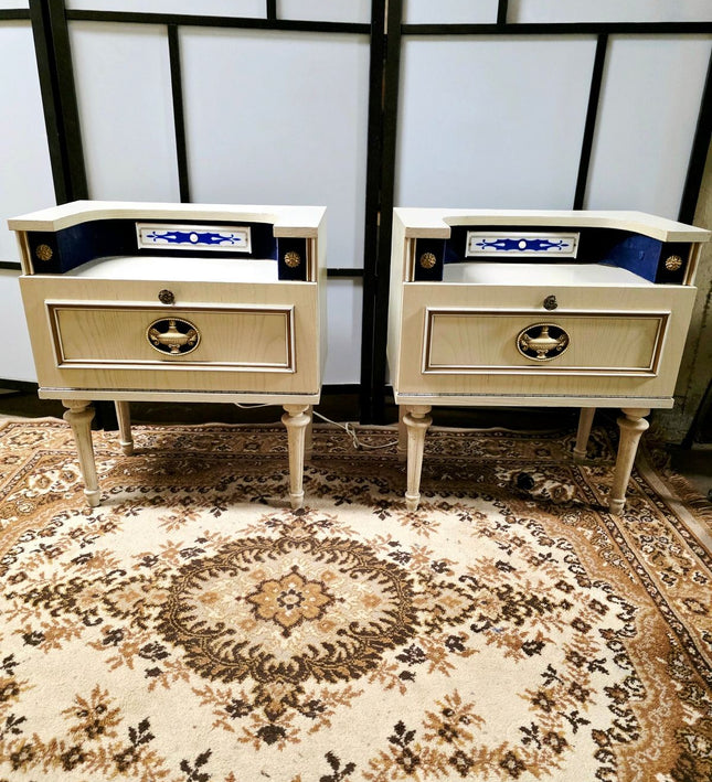 Vintage 1960s Mid-Century French KUOM Nightstand – Lighted Drop-Front Cabinet (Set ) - Yatva