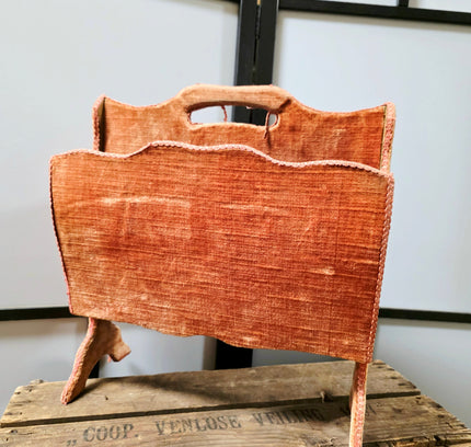 Vintage 1960s Terracotta Velvet Magazine Rack – Mid-Century Hollywood Regency Fabric Covered Newspaper Basket - Yatva
