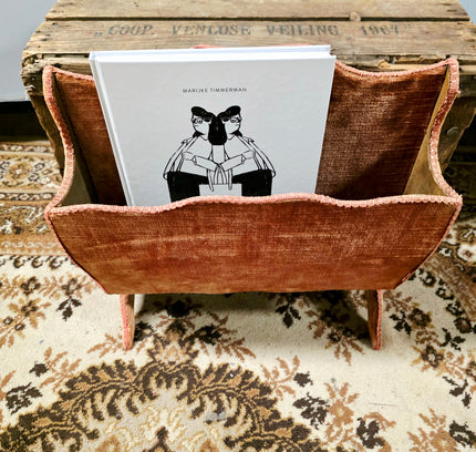 Vintage 1960s Terracotta Velvet Magazine Rack – Mid-Century Hollywood Regency Fabric Covered Newspaper Basket - Yatva