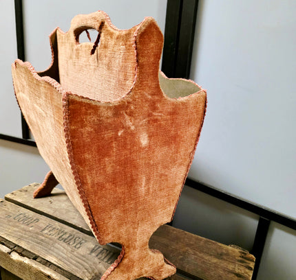 Vintage 1960s Terracotta Velvet Magazine Rack – Mid-Century Hollywood Regency Fabric Covered Newspaper Basket - Yatva
