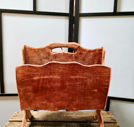Vintage 1960s Terracotta Velvet Magazine Rack – Mid-Century Hollywood Regency Fabric Covered Newspaper Basket - Yatva