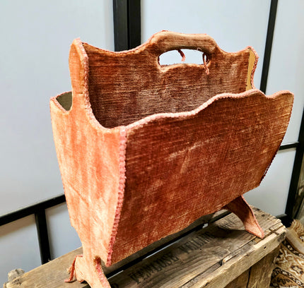 Vintage 1960s Terracotta Velvet Magazine Rack – Mid-Century Hollywood Regency Fabric Covered Newspaper Basket - Yatva