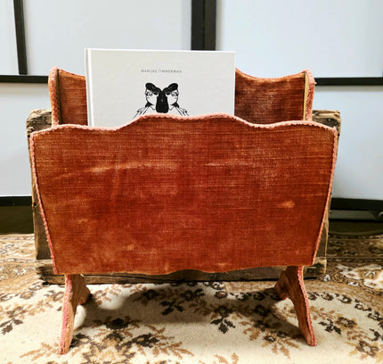 Vintage 1960s Terracotta Velvet Magazine Rack – Mid-Century Hollywood Regency Fabric Covered Newspaper Basket - Yatva