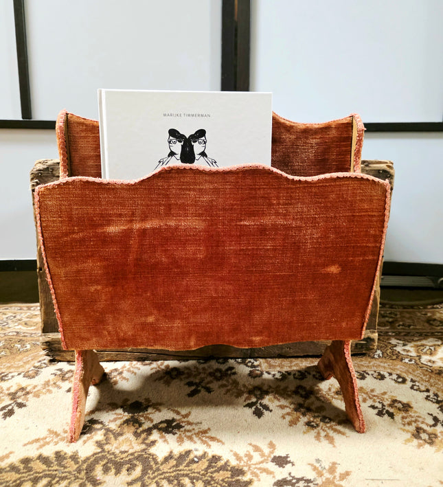 Vintage 1960s Terracotta Velvet Magazine Rack – Mid-Century Hollywood Regency Fabric Covered Newspaper Basket - Yatva